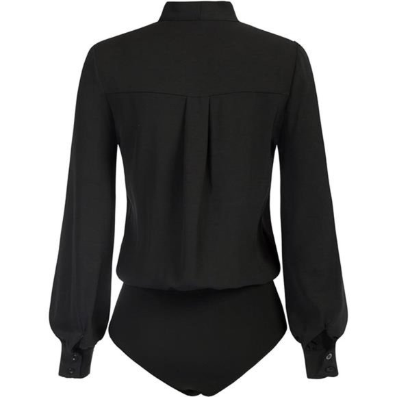 Women Bow Tie Neck Office Blouse Button Down Long Sleeve Bodysuit Blouse Top - Picture 4 of 7
